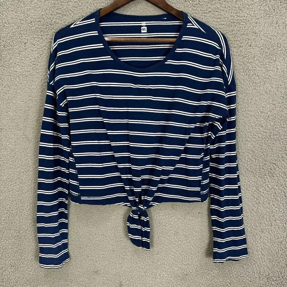 me to we top womens medium blue white striped tie waist lightweight nautical‎